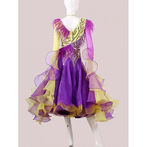 Custom size women girls violet with yellow color feather diamond competition ballroom dance dress waltz tango fxotrot smooth ballroom dance long dress 